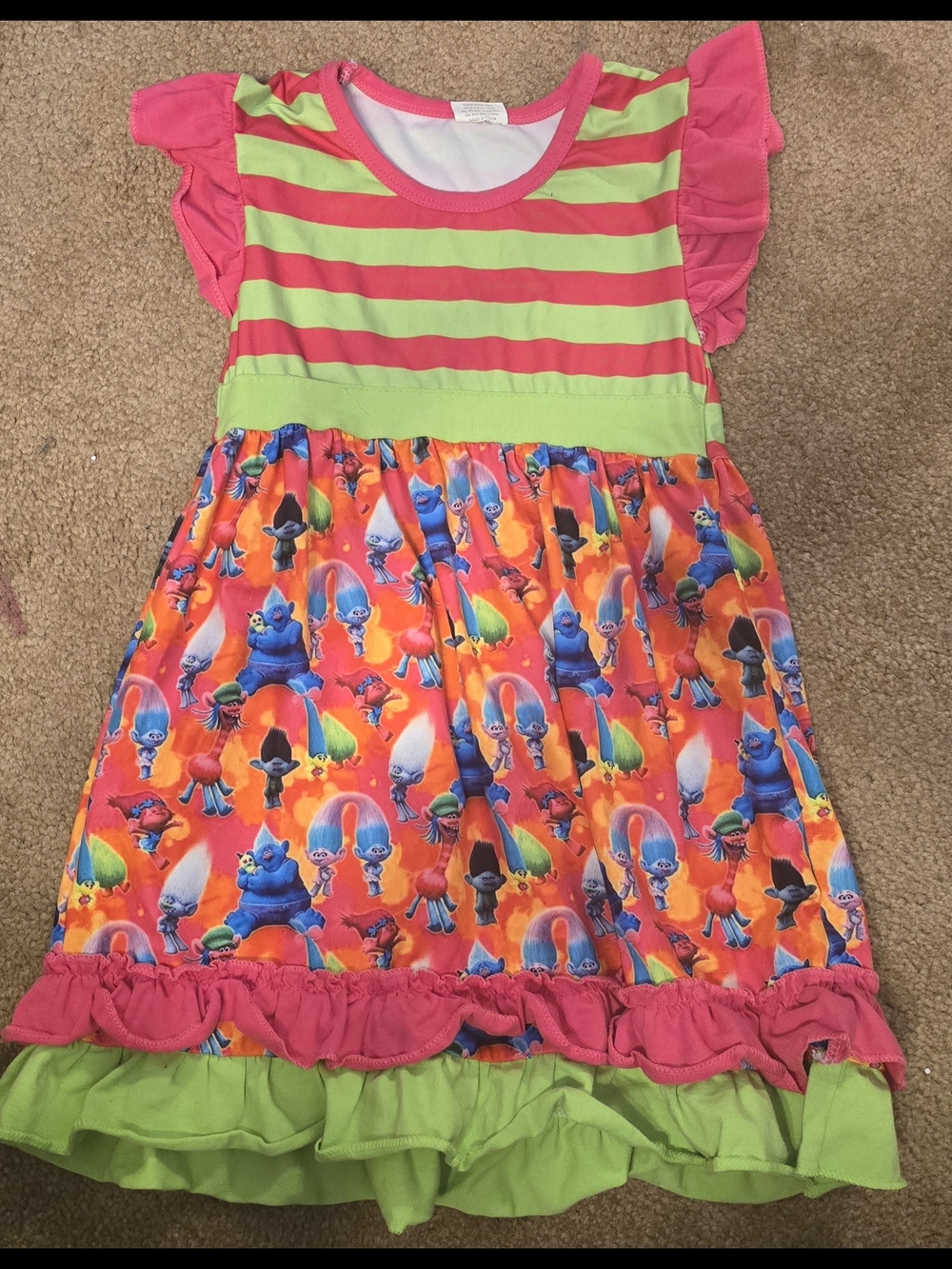 Girls' Pink & Lime Striped Flutter Sleeve Trolls Dress with Colorful Print